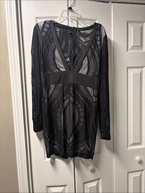 Black Mesh Long Sleeve V-Neck Dress